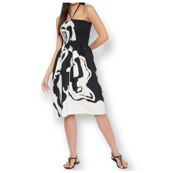 GYPSY BLU BLACK & WHITE WOMEN DRAWSTRING ELASTIC SHORT TUBE DRESS SZ.M EUC. - Picture 1 of 11
